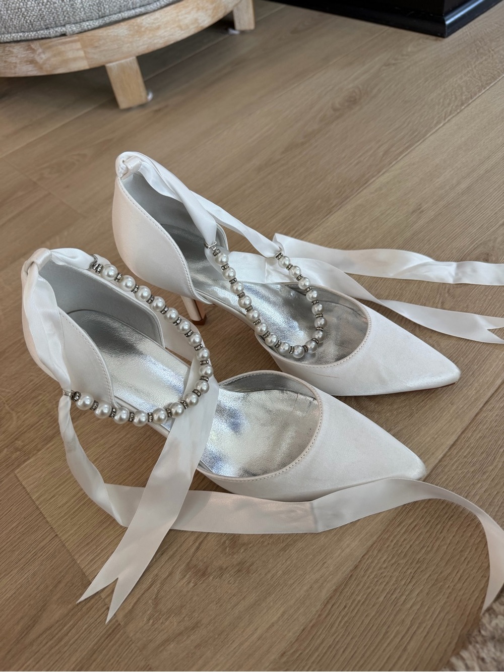 White Pearl-Accent Satin Heels with Ankle Ties